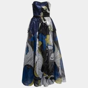 Elie Saab Blue & Black Sequin Embellished Organza Strapless Gown Dress M