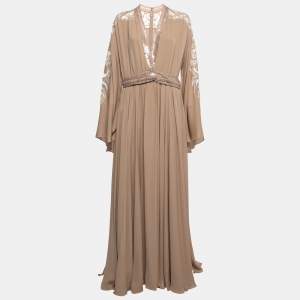Elie Saab Taupe Brown Embroidered Silk Maxi Dress L
