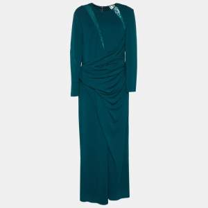 Elie Saab Green Jersey Lace Detail Draped Maxi Dress L