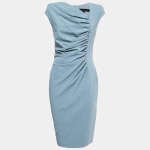 Elie Saab Blue Crepe Ruch Detailed Sleeveless Midi Dress S