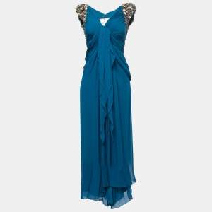Elie Saab Blue Embellished Detail Draped Gown M