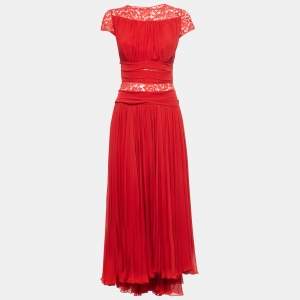 Elie Saab Red Silk Blend Lace Trimmed Long Dress S