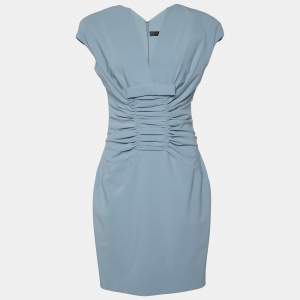 Elie Saab Blue Wool Ruched Bow Detail Mini Dress M