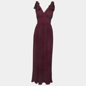  Elie Saab Burgundy Pleated Crepe Sleeveless Maxi Dress S