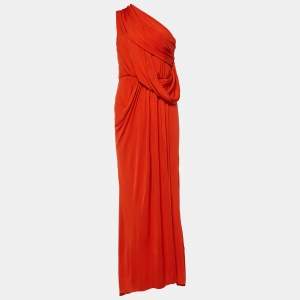 Elie Saab Tangerine Orange Jersey Draped One Shoulder Gown M