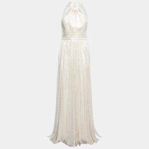Elie Saab White Sequins Embellished Halter Neck Long Dress M
