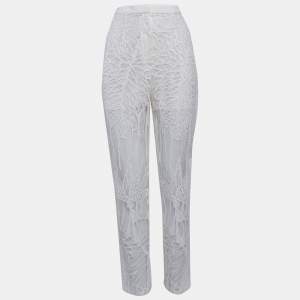 Elie Saab White Sequin Embroidered Tulle Straight Fit Trousers S