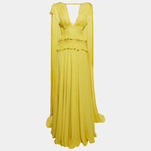 Elie Saab Yellow Silk Blend Lace Insert Ruffled Maxi Dress M