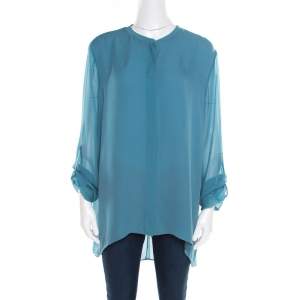 Elie Tahari Teal Blue Silk Shirttail Hem Alejandra Blouse XL
