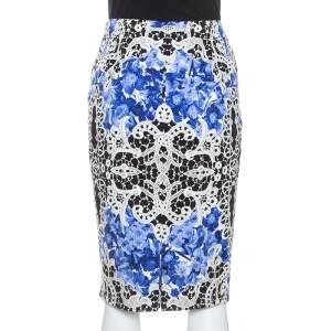 Elie Tahari Blue Printed Cotton Penelope Pencil Skirt M
