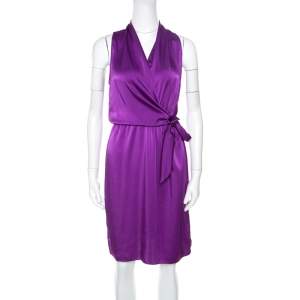Elie Tahari Purple Satin Front Tie Gathered Waist Sleeveless Halley Dress M