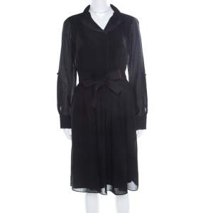 Elie Tahari Black Wool Pleated Belted Dress M