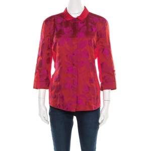 Elie Tahari Red and Purple Floral Jacquard Jersey Shirt M