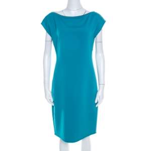 Elie Tahari Jade Green Knit Bateau Zipper Neck Detail Frayed Hem Shift Dress M