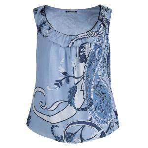 Elie Tahari Powder Blue Printed Cotton Ruffle Detail Sleeveless Top XL