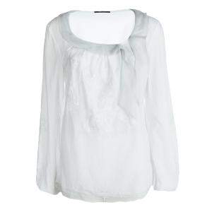 Elie Tahari White Cottton Tie Detail Embroidered Long Sleeve Top M