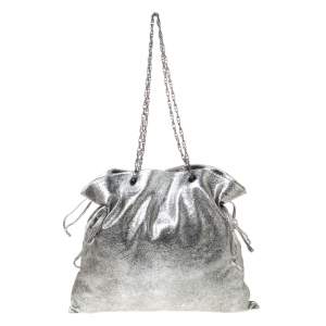 Elie Tahari Metallic Silver Leather Drawstring Tote