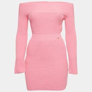 Elisabetta Franchi Pink Rib Knit Off-Shoulder Short Dress S