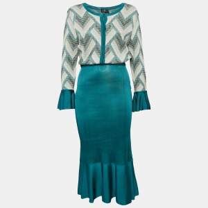Elisabetta Franchi Blue Patterned Knit Flared Sleeve Maxi Dress L