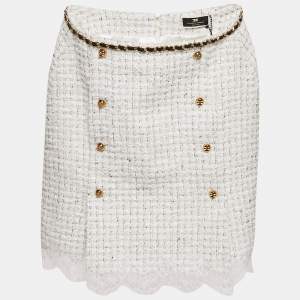 Elisabetta Franchi White Tweed Chai Embellished Mini Skirt S