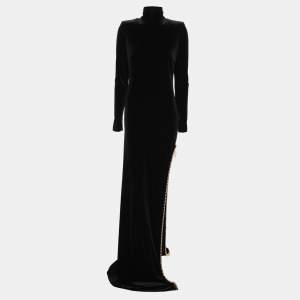 Elisabetta Franchi Black Velvet Chain Turtleneck Maxi Dress XXL
