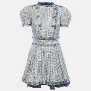 Elisabetta Franchi Blue Lurex Tweed Raw Edge Detail Mini Dress S