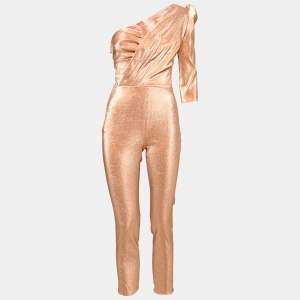 Elisabetta Franchi Rosegold Metallic Jersey One Shoulder Jumpsuit S