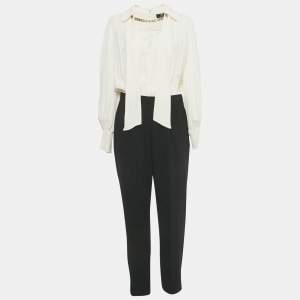 Pre Owned Elisabetta Franchi Beige/Black Crepe Detachable Top and Bottom Jumpsuit L