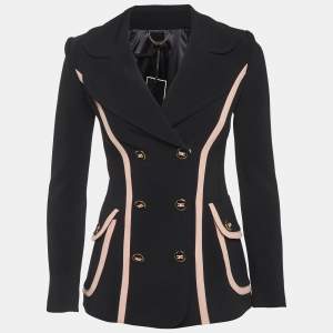 Pre Owned Elisabetta Franchi Black Crepe Contrast Detail Double Breasted Blazer S