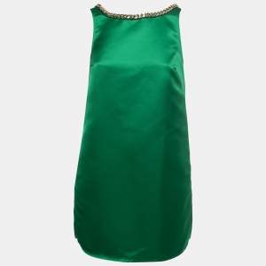 Elisabetta Franchi Green Dutchess Satin Chain Trim Sleeveless Mini Dress S
