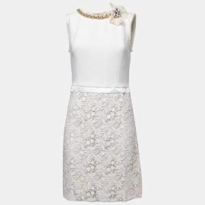 Elisabetta Franchi White Floral Lace Chain Detail Mini Dress XL
