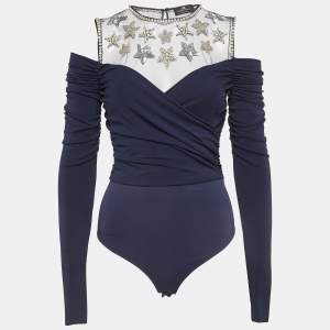 Elisabetta Franchi Navy Blue Embroidered Jersey Bodysuit M