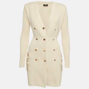 Elisabetta Franchi Beige Rib Knit Double Breasted Mini Dress S