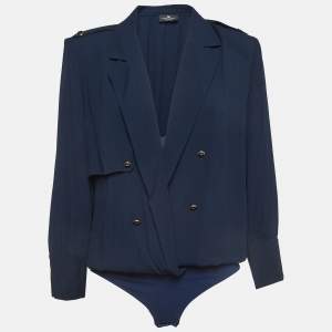 Elisabetta Franchi Navy Blue Crepe Draped Long Sleeve Bodysuit L