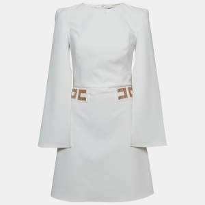 Elisabetta Franchi White Crepe Embellished Waist Mini Dress M