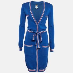 Pre Owned Elisabetta Franchi Blue Rib Knit Belted Long Cardigan M