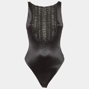 Pre Owned Elisabetta Franchi Black Beaded Jersey Sem Sheer Bodysuit M