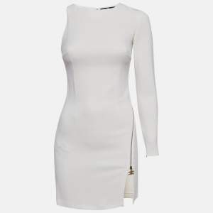 Elisabetta Franchi White Stretch Knit Asymmetric Sleeve Mini Dress S