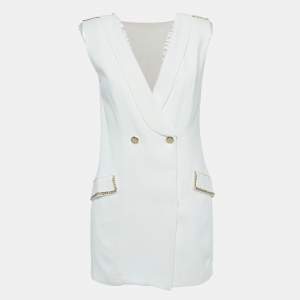 Elisabetta Franchi Off-White Crepe Collared Sleeveless Mini Dress S