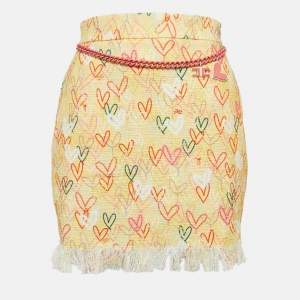 Elisabetta Franchi Yellow Hearts print Cotton Canvas Fringed Mini Skirt S