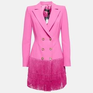 Elisabetta Franchi Pink Crepe Fringed Double Breasted Blazer L