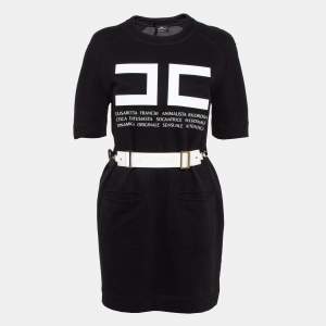 Elisabetta Franchi Black Textured Print Cotton Belted T-Shirt Dress M