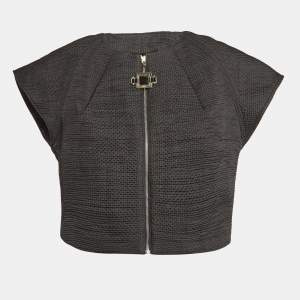 Elisabetta Franchi Gold Black Crinkle Crepe Zip-Up Top S