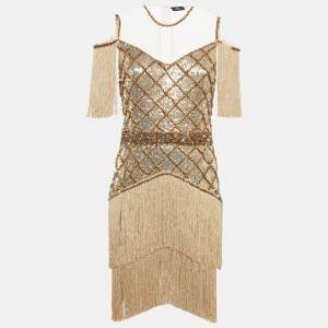 Elisabetta Franchi Gold Sequin Tulle Fringed Mini Dress L