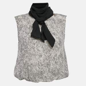 Elisabetta Franchi Black/White Printed Silk Bow Neck Top S