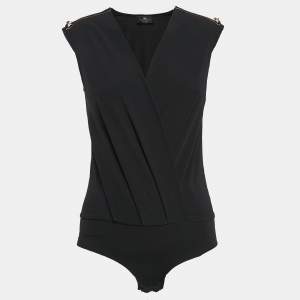 Elisabetta Franchi Black Crepe Shoulder Detail V-Neck Bodysuit M