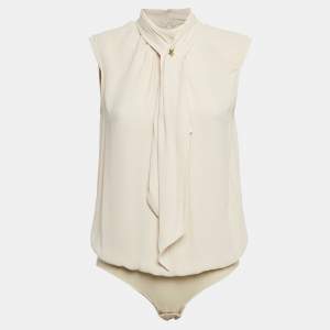 Elisabetta Franchi Cream Crepe Neck Bow Detail Bodysuit M