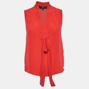 Elisabetta Franchi Red Crepe V-Neck Bow Detail Top M