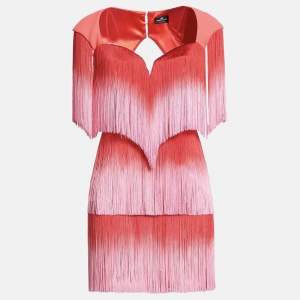 Elisabetta Franchi Red/Pink Printed Crepe and Fringe Mini Dress S