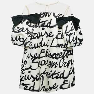 Elisabetta Franchi White Printed Satin Puff Sleeve Bow Detail Mini Dress L